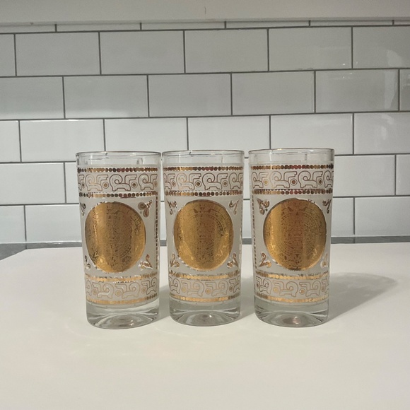 Set of 3 VTG Mid-Century Hazel Atlas Frosted Aztec Gold Medallion Highball Glass - Picture 2 of 7